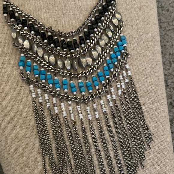 Turquoise, Black, White Beaded Chain Metal Statement Necklace - Picture 5 of 6
